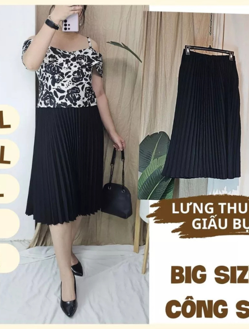 Váy Maxi Đen Ly Bigsize – Thời trang công sở cho phụ nữ size lớn, thiết kế xếp ly, lưng thun, dễ phối đồ