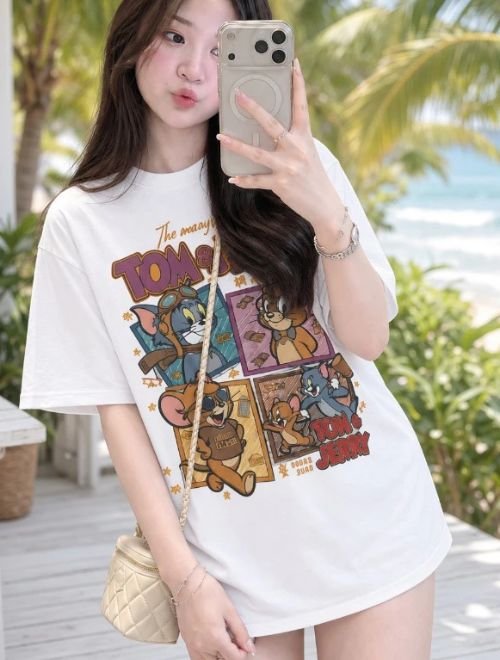 Áo thun nữ tay ngắn Tom & Jerry màu trắng phong cách casual